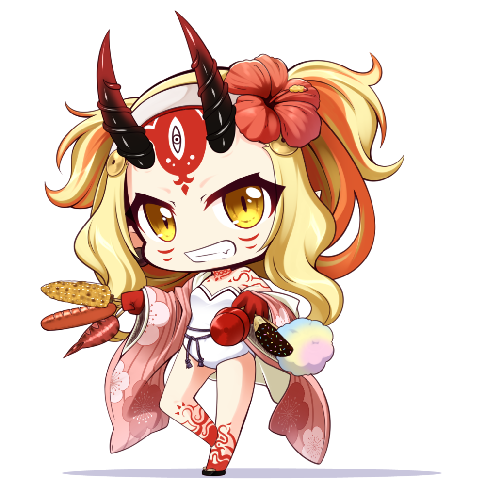 1girl bangs bare_shoulders blonde_hair brown_eyes candy_apple chibi chocolate_banana corn cotton_candy facial_mark fang fate/grand_order fate_(series) floral_print flower food forehead_mark grin hair_flower hair_ornament holding holding_food horns ibaraki_douji_(fate/grand_order) ibaraki_douji_(swimsuit_lancer)_(fate) japanese_clothes kimono long_hair long_sleeves looking_at_viewer oni oni_horns open_clothes open_kimono parted_bangs pink_kimono print_kimono red_flower revision sausage shachoo. smile solo standing standing_on_one_leg strapless strapless_swimsuit swimsuit very_long_hair white_background white_swimsuit wide_sleeves