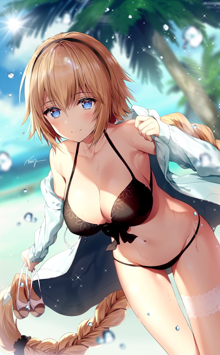 1girl ahoge alternate_costume bangs beach bikini black_bikini blonde_hair blue_sky blurry blurry_background blush braid breasts cleavage closed_mouth clouds collarbone eyebrows_visible_through_hair fate/grand_order fate_(series) groin hair_between_eyes hair_ornament hair_scrunchie hairband holding holding_shoes jacket jeanne_d'arc_(fate)_(all) large_breasts leg_garter light_particles long_hair long_sleeves looking_at_viewer navel necomi ocean open_clothes open_jacket palm_tree sand sandals sandals_removed scrunchie shoes sidelocks signature single_braid sky smile solo sparkle stomach sunlight swimsuit thighs tree very_long_hair wet yellow_eyes