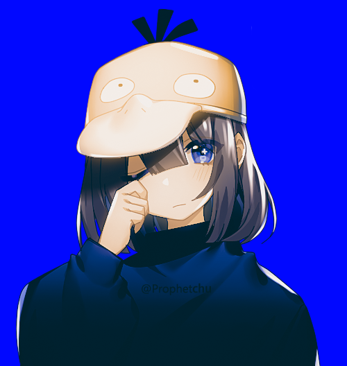 1girl arm_up blue_background blue_eyes blue_shirt brown_hair closed_mouth commentary_request creatures_(company) flat_cap game_freak gen_1_pokemon hat head_tilt long_hair long_sleeves looking_at_viewer nintendo one_eye_closed original pokemon prophet_chu psyduck puffy_long_sleeves puffy_sleeves revision rubbing_eyes shirt simple_background solo twitter_username yellow_hat