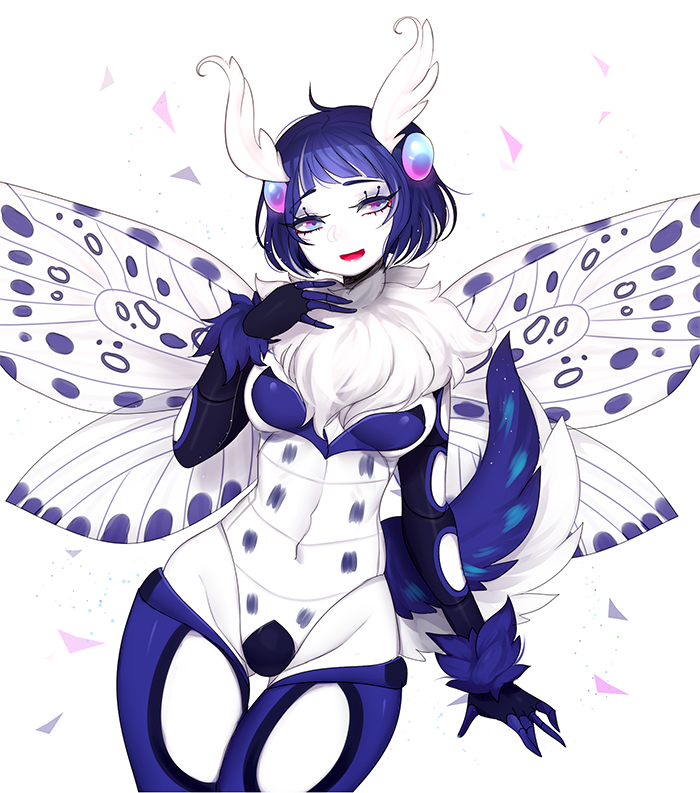 1girl :d antennae ass_visible_through_thighs breasts commentary_request cowboy_shot fluffy_collar insect_girl large_breasts looking_at_viewer monster_girl moth_girl moth_wings open_mouth original purple_hair simple_background smile solo standing teru_(renkyu) thigh_gap violet_eyes white_background wings