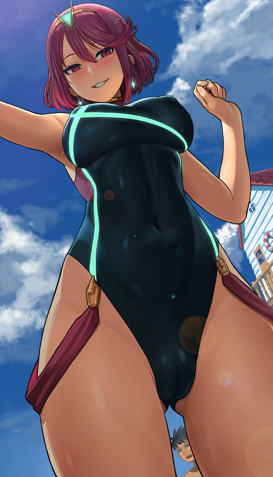 1boy 1girl armpits ass_visible_through_thighs bangs bare_shoulders beach_house black_hair black_swimsuit blue_sky blush breasts circlet clouds competition_swimsuit covered_navel covered_nipples day earrings eyebrows_visible_through_hair fingerless_gloves from_below gloves grin hair_between_eyes head_tilt highres pyra_(xenoblade) jewelry large_breasts lasterk lens_flare looking_at_viewer looking_down nintendo one-piece_swimsuit open_mouth parted_lips red_eyes redhead rex_(xenoblade_2) short_hair shoulder_armor sidelocks skin_tight sky smile solo_focus standing swept_bangs swimsuit teeth thighs tiara water xenoblade_(series) xenoblade_2