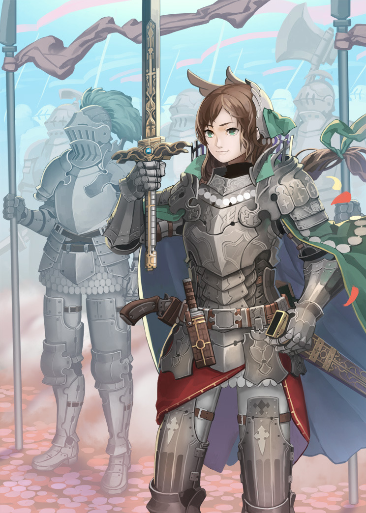 1girl armor army belt blue_cape blue_sky breastplate brown_hair cape commentary_request dagger floating_hair full_armor gauntlets greaves green_cape green_eyes green_ribbon hair_ribbon helm helmet holding holding_sword holding_weapon knight leg_belt long_hair md5_mismatch multicolored multicolored_cape multicolored_clothes nagi_itsuki original outdoors pantyhose pauldrons ribbon scabbard sheath sky smile solo_focus sword unsheathed weapon white_legwear