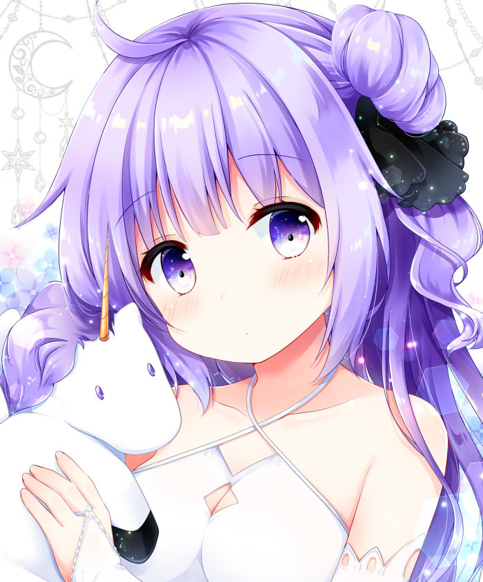 1girl azur_lane bangs bare_shoulders black_ribbon blush breasts bridal_gauntlets cleavage closed_mouth collarbone commentary_request crescent criss-cross_halter dress eyebrows_visible_through_hair fingernails hair_bun hair_ribbon halterneck head_tilt holding holding_stuffed_animal long_hair looking_at_viewer murasaki_(murasakiiro_no_yoru) purple_hair ribbon side_bun small_breasts solo star stuffed_animal stuffed_pegasus stuffed_toy stuffed_unicorn unicorn_(azur_lane) violet_eyes white_background white_dress