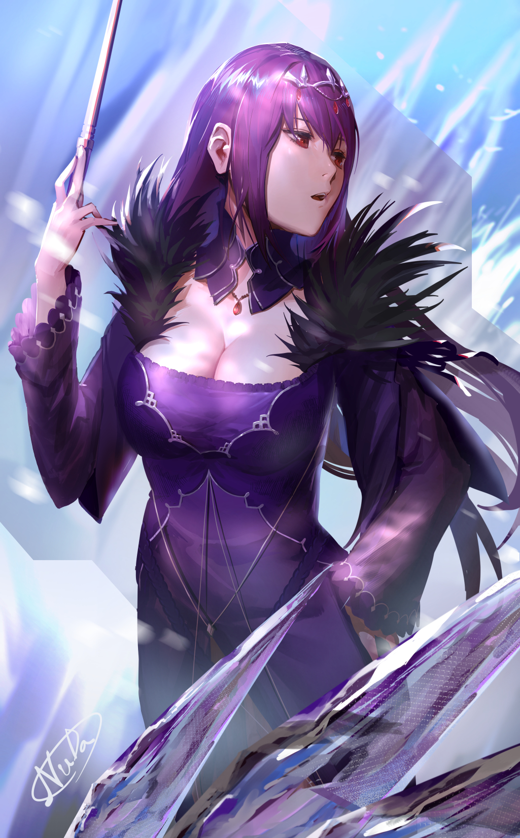 1girl bangs breasts cleavage commentary_request dress fate/grand_order fate_(series) fur_trim hair_between_eyes highres holding holding_wand icicle large_breasts long_hair looking_at_viewer nuda open_mouth purple_dress purple_hair red_eyes scathach_(fate)_(all) scathach_skadi_(fate/grand_order) solo tiara wand wide_sleeves