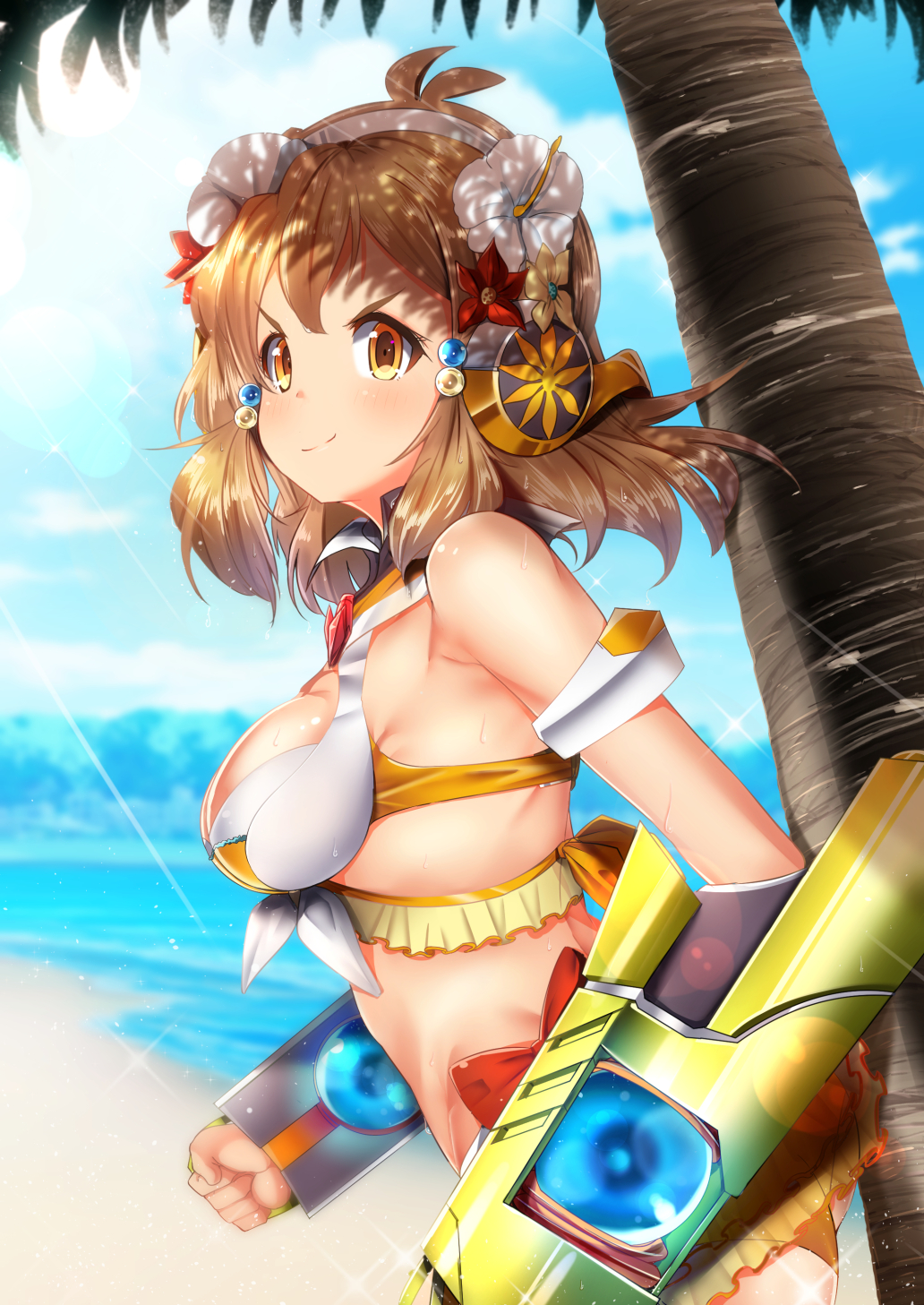 1girl antenna_hair bare_shoulders beach bikini breasts brown_eyes brown_hair clenched_hands flower from_side hair_flower hair_ornament headgear headphones hibiscus highres looking_at_viewer mad_(hazukiken) medium_breasts palm_tree senki_zesshou_symphogear senki_zesshou_symphogear_xd_unlimited short_hair smile solo swimsuit tachibana_hibiki_(symphogear) tree upper_body yellow_bikini