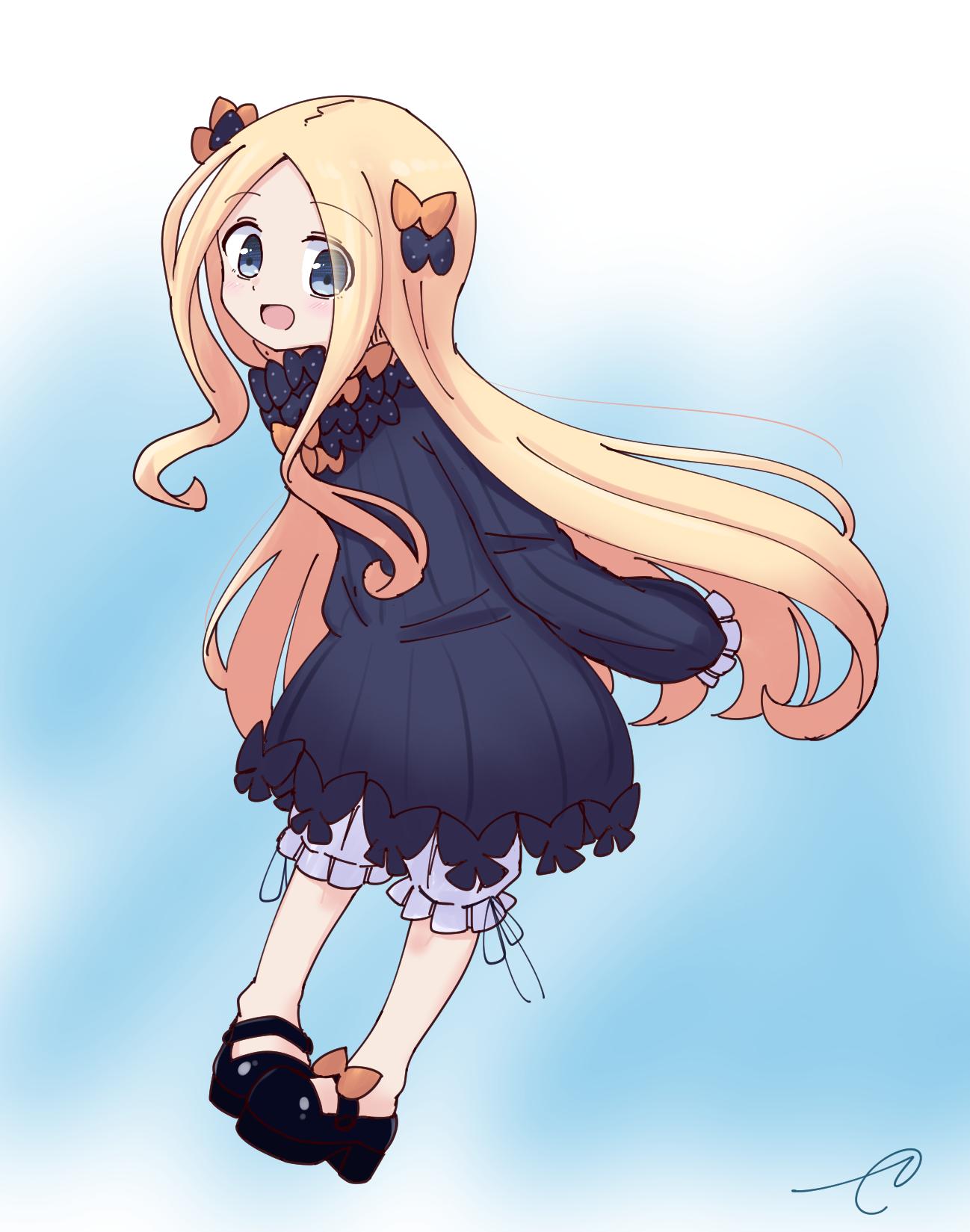 1girl :d abigail_williams_(fate/grand_order) bangs black_bow black_dress black_footwear blonde_hair bloomers blue_eyes blush bow bug butterfly commentary_request dress eyes_visible_through_hair fate/grand_order fate_(series) forehead full_body hair_bow highres insect kujou_karasuma leaning_forward long_hair long_sleeves looking_at_viewer mary_janes no_hat no_headwear open_mouth orange_bow parted_bangs pigeon-toed polka_dot polka_dot_bow shoes signature sleeves_past_fingers sleeves_past_wrists smile solo standing underwear very_long_hair white_bloomers