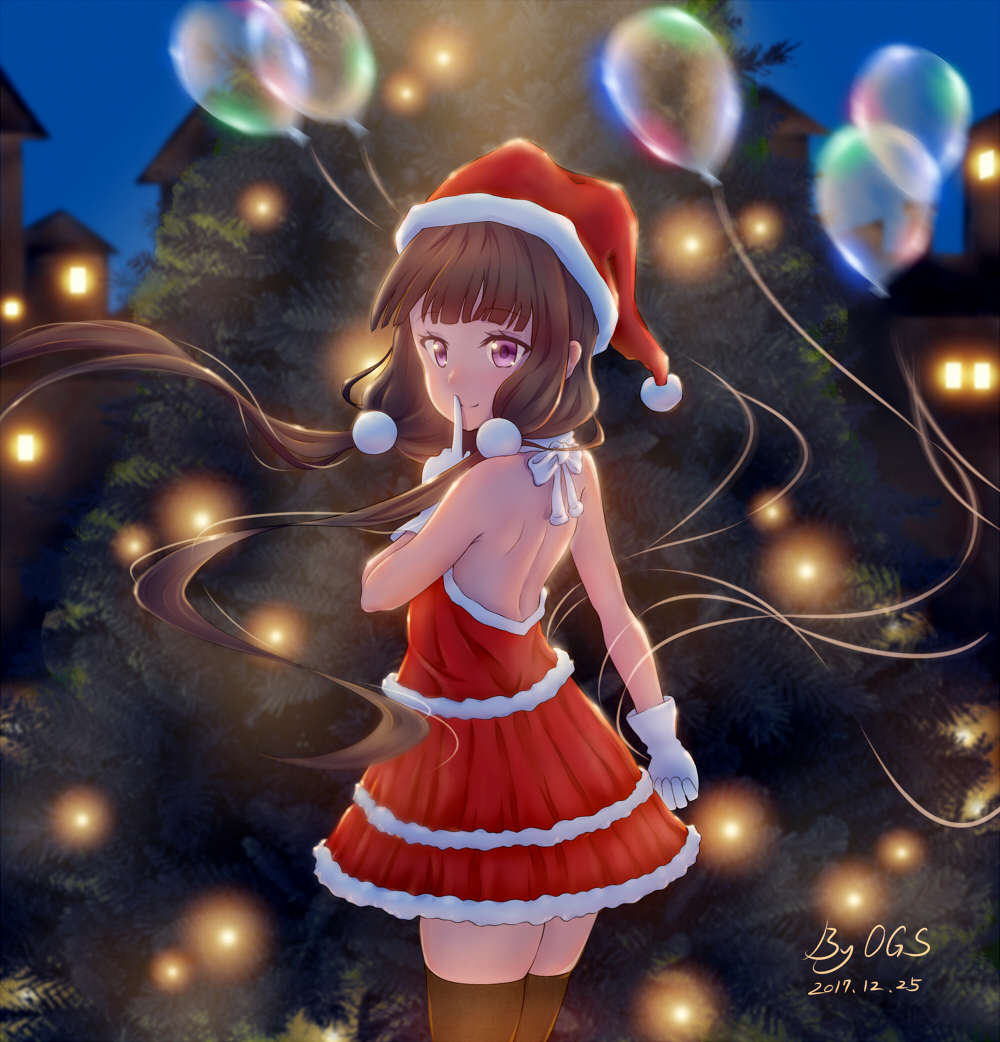 1girl artist_name backless_dress backless_outfit balloon bangs bare_shoulders black_hair black_legwear blend_s blush bow christmas christmas_tree closed_mouth commentary_request dated dress eyebrows_visible_through_hair finger_to_mouth from_side gloves hair_ornament hat house long_hair looking_at_viewer looking_to_the_side low_twintails night night_sky ogs_(orgasm88) outdoors red_dress red_hat revision sakuranomiya_maika santa_costume santa_hat shoulder_blades shushing signature sky smile solo thigh-highs transparent twintails very_long_hair violet_eyes white_bow white_gloves window zettai_ryouiki