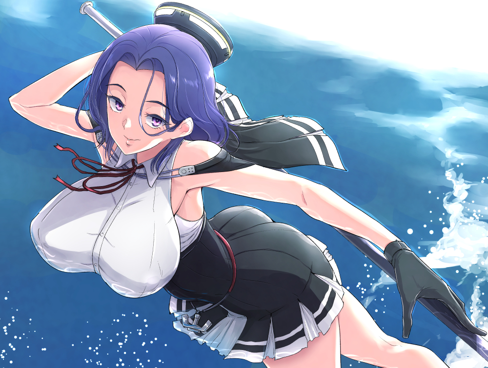 1girl bifidus black_gloves breasts capelet covered_nipples glaive gloves kantai_collection large_breasts mechanical_halo parted_lips purple_hair remodel_(kantai_collection) short_hair skirt solo tatsuta_(kantai_collection) violet_eyes water