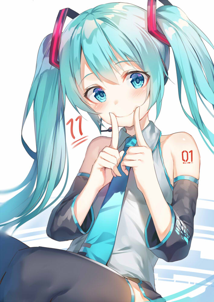 1girl alexmaster aqua_hair aqua_neckwear bare_shoulders black_legwear blue_eyes blush commentary_request detached_sleeves hatsune_miku headset long_hair looking_at_viewer necktie number smile solo tattoo thigh-highs twintails vocaloid white_background