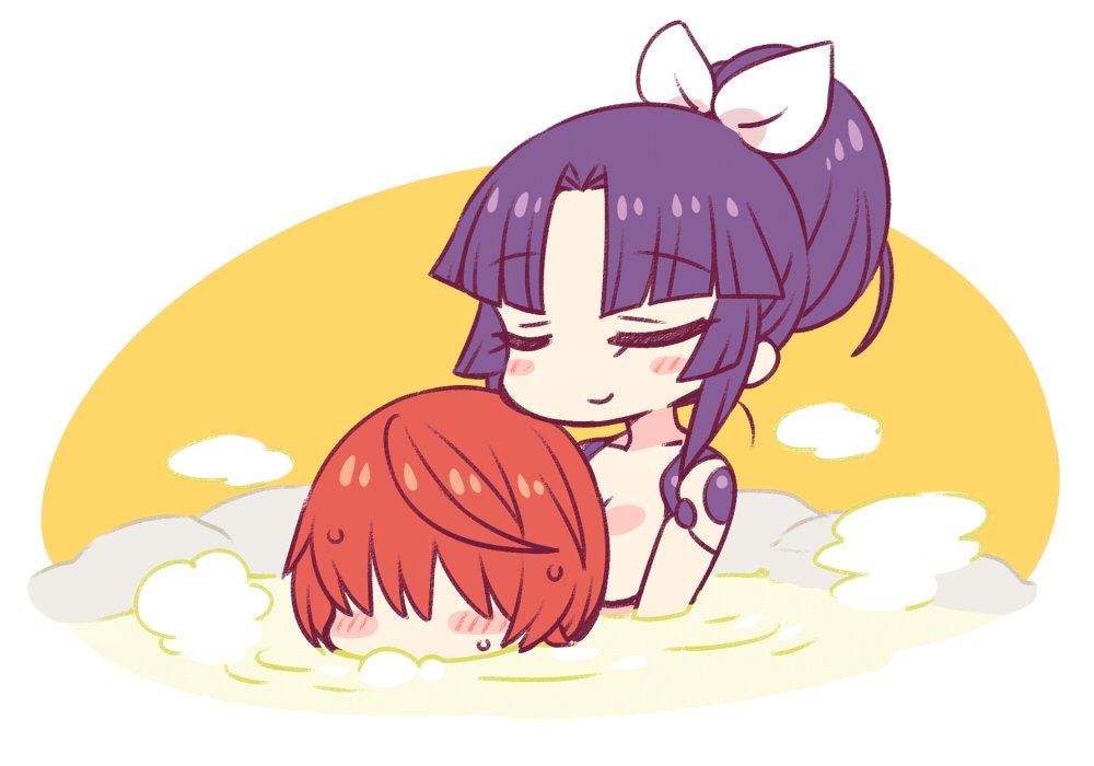 1girl bangs bath blush blush_stickers bow chan_co character_request closed_mouth commentary_request embarrassed eyebrows_visible_through_hair fate/grand_order fate_(series) hair_bow hair_over_eyes katou_danzou_(fate/grand_order) mechanical_arm nude orange_background parted_bangs ponytail smile steam sweatdrop water white_bow