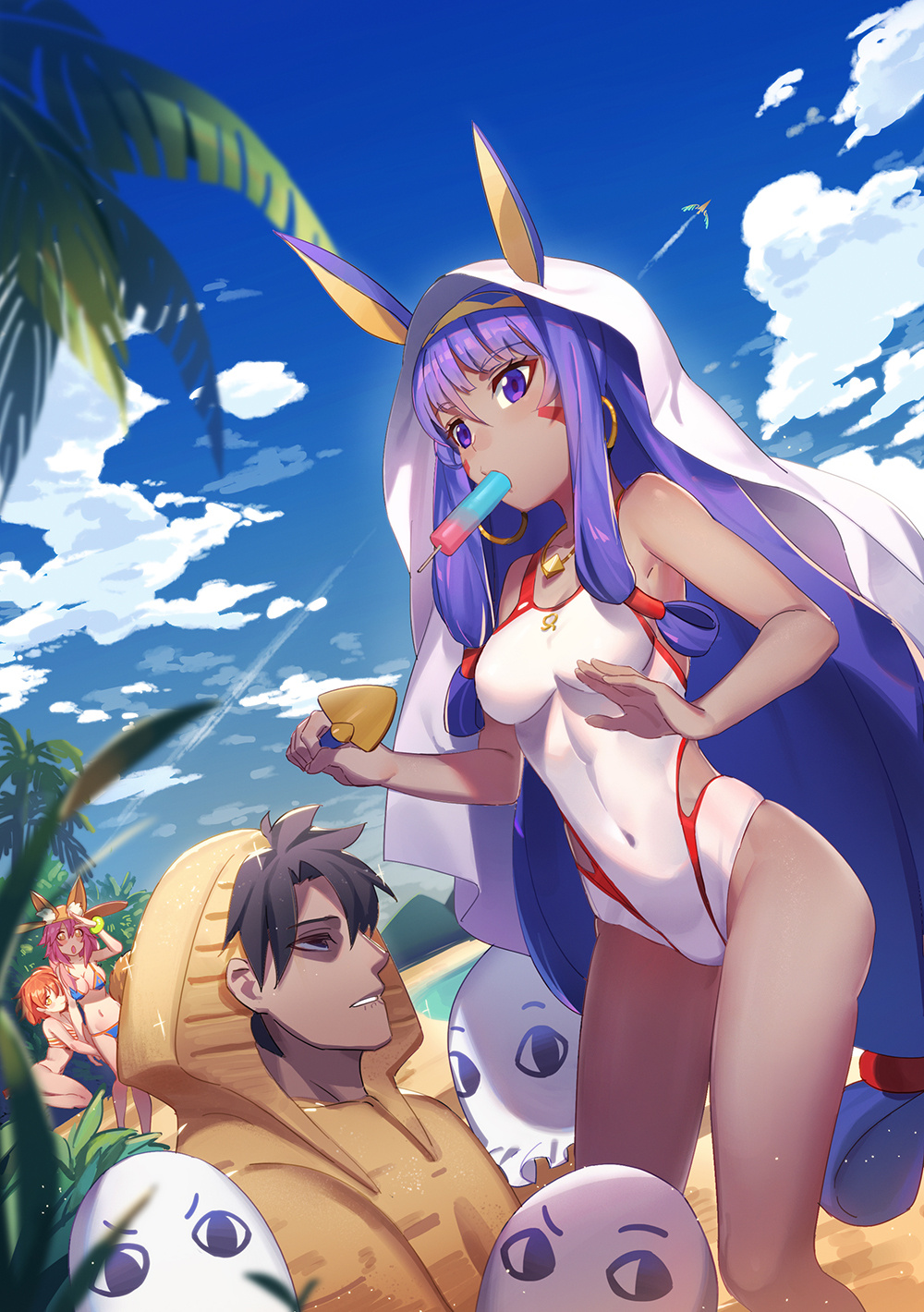 1boy 3girls animal_ears beach bikini blue_bikini blue_sky breasts condensation_trail covered_navel dark_skin day dutch_angle earrings eyebrows_visible_through_hair facial_mark fate/grand_order fate_(series) food fox_ears fujimaru_ritsuka_(female) fujimaru_ritsuka_(male) hair_tubes hand_holding hat highres hood hoodie hoop_earrings jewelry long_hair low-tied_long_hair medium_breasts medium_hair medjed multiple_girls nitocris_(fate/grand_order) nitocris_(swimsuit_assassin)_(fate) orange_hair outdoors pg_(pgouwoderen) popsicle purple_hair shaded_face shovel sidelocks sky sparkle sun_hat swimsuit tamamo_(fate)_(all) tamamo_no_mae_(swimsuit_lancer)_(fate) very_long_hair vimana violet_eyes white_swimsuit