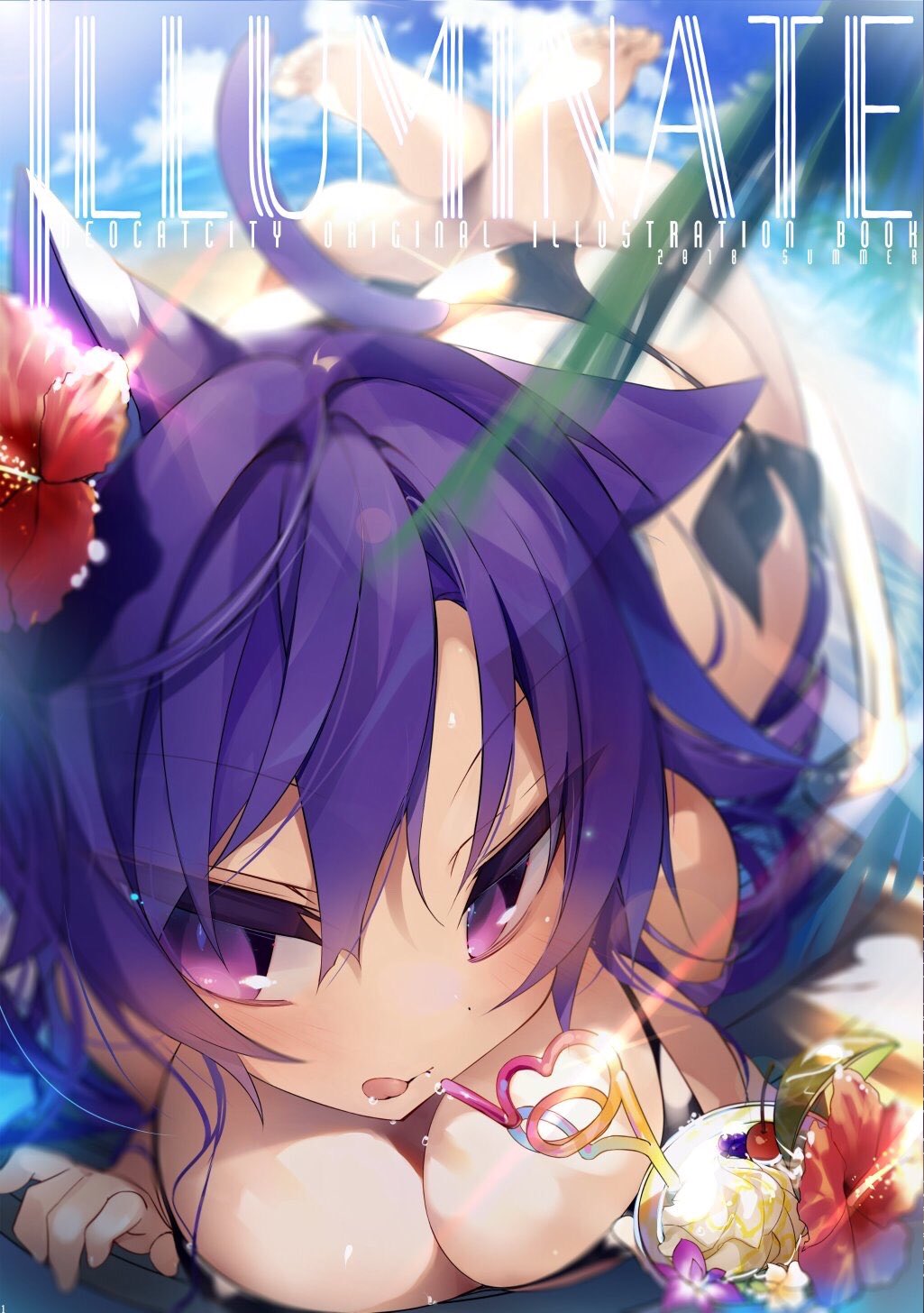 1girl animal_ears bangs beach bikini black_bikini breasts cat_ears cat_tail cherry cleavage cover cover_page crazy_straw doujin_cover drinking_straw eyebrows_visible_through_hair flower food fruit hair_between_eyes hair_flower hair_ornament hibiscus highres ice_cream ice_cream_float large_breasts lime_slice lying on_stomach original pink_eyes purple_hair short_hair solo swimsuit tail tongue tongue_out tsurime yoruneko