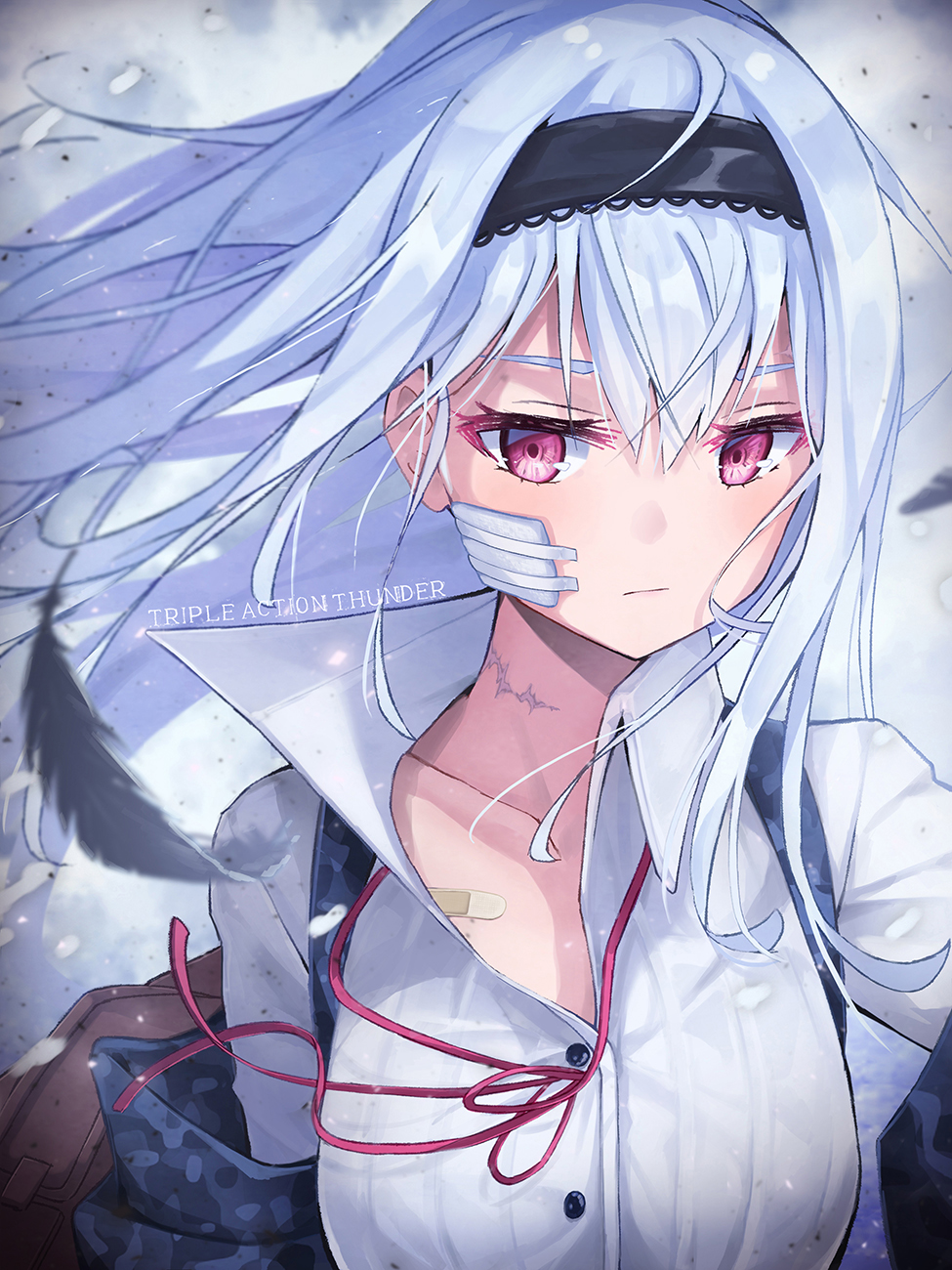 1girl bandaid bangs black_gloves black_hairband black_jacket buttons character_name closed_mouth collared_shirt commentary expressionless feathers floating_hair gauze girls_frontline gloves hair_between_eyes hairband highres jacket long_hair long_sleeves looking_at_viewer neck_ribbon neck_scar off_shoulder pot-palm red_eyes red_ribbon ribbon scar shirt sidelocks snow solo thunder_(girls_frontline) very_long_hair white_shirt wind