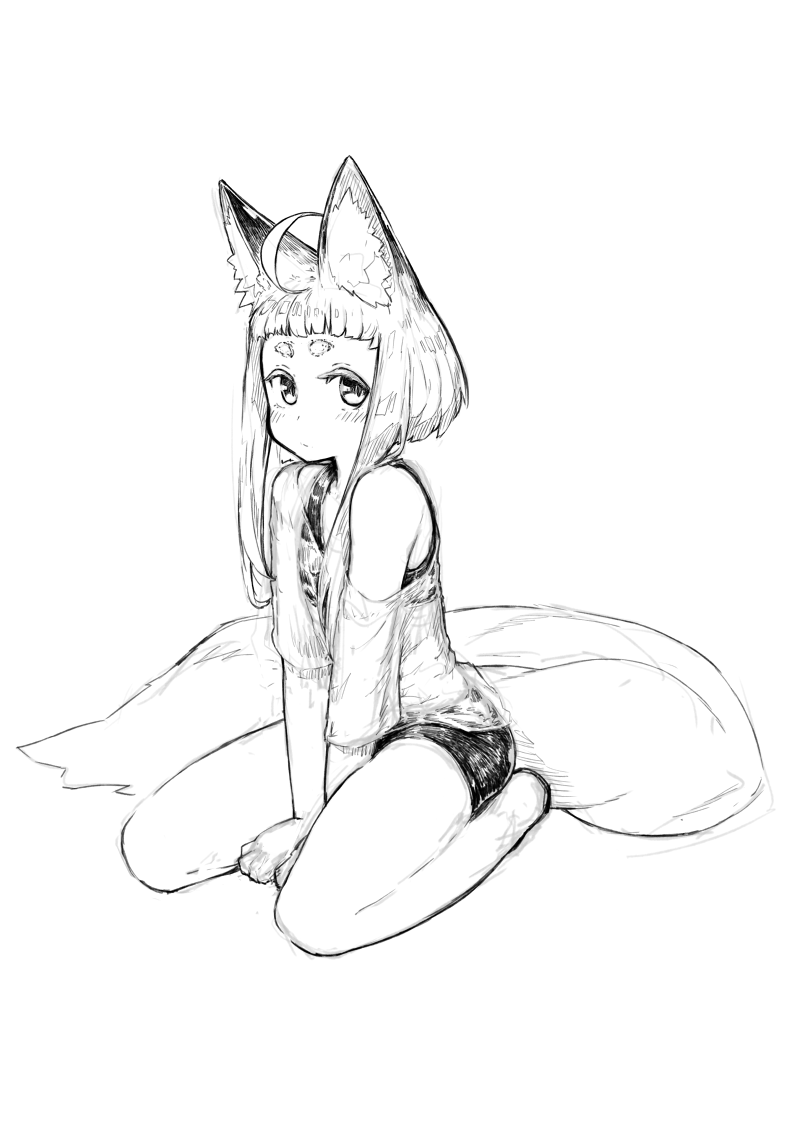 1girl ahoge animal_ear_fluff animal_ears bare_legs between_legs blush commentary_request fox_ears fox_girl_(jaco) fox_tail greyscale hand_between_legs jaco large_tail looking_at_viewer monochrome off_shoulder original seiza shirt short_eyebrows short_hair short_hair_with_long_locks shorts sidelocks simple_background single_bare_shoulder sitting solo tail thick_eyebrows white_background