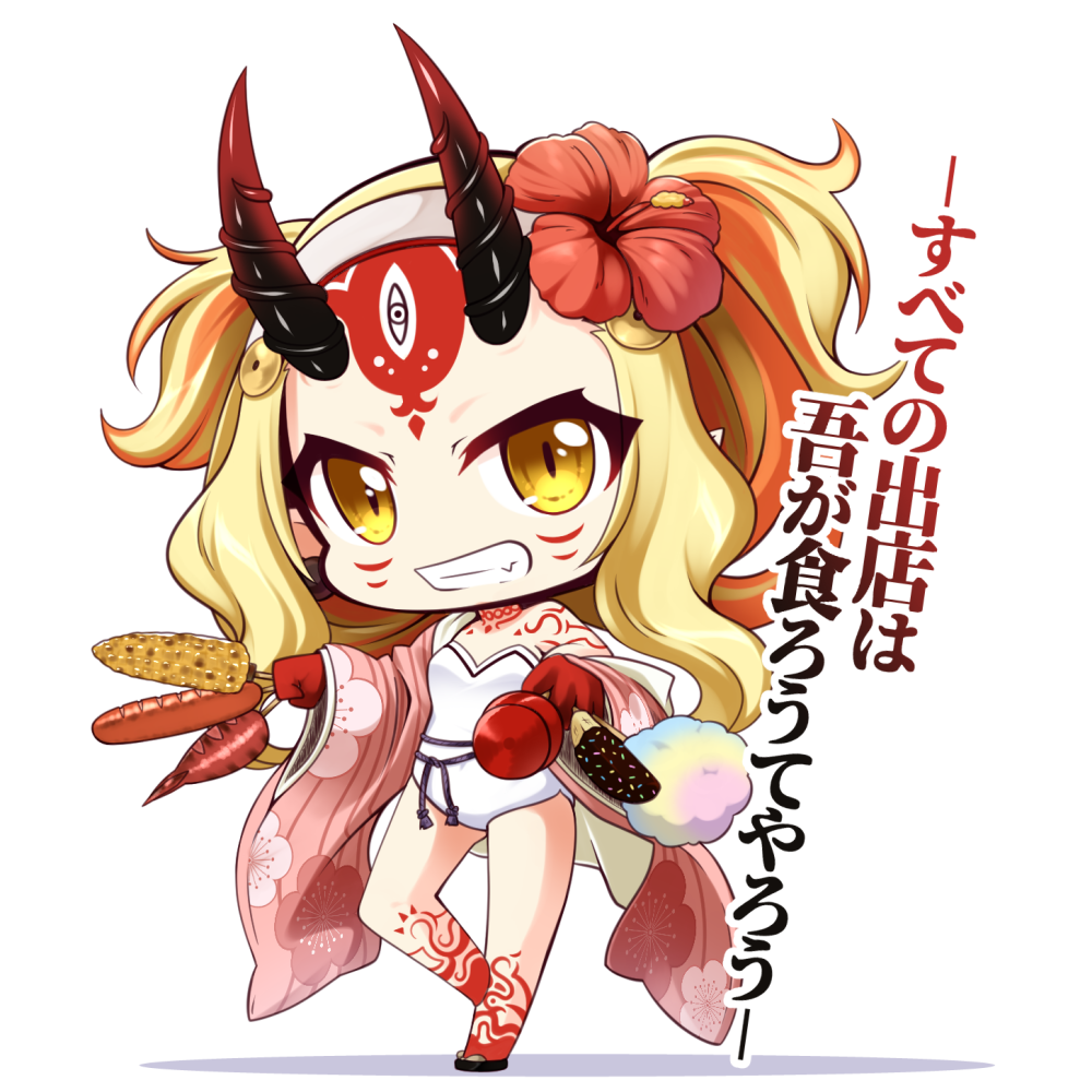 1girl bangs bare_shoulders blonde_hair brown_eyes candy_apple chibi chocolate_banana corn cotton_candy facial_mark fang fate/grand_order fate_(series) floral_print flower food forehead_mark grin hair_flower hair_ornament holding holding_food horns ibaraki_douji_(fate/grand_order) ibaraki_douji_(swimsuit_lancer)_(fate) japanese_clothes kimono long_hair long_sleeves looking_at_viewer oni oni_horns open_clothes open_kimono parted_bangs pink_kimono print_kimono red_flower revision sausage shachoo. smile solo standing standing_on_one_leg strapless strapless_swimsuit swimsuit translation_request very_long_hair white_background white_swimsuit wide_sleeves