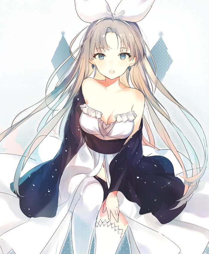 1girl bare_shoulders blue_eyes bow breasts cleavage commentary dress earrings hair_bow hair_spread_out hairband jewelry light_brown_hair long_hair looking_at_viewer lpip medium_breasts navel off_shoulder original sash solo symbol_commentary thigh-highs white_bow white_dress white_legwear
