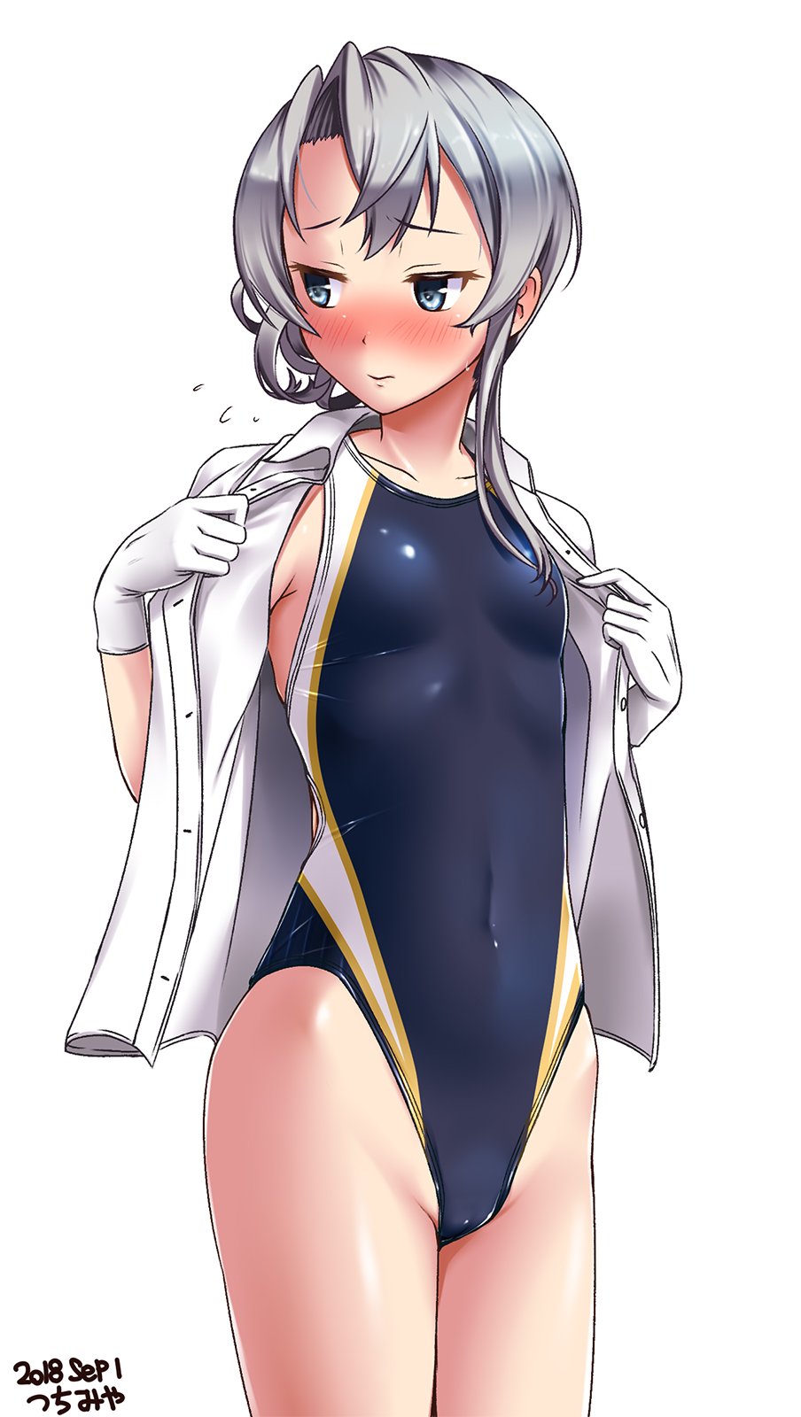 1girl artist_name asymmetrical_hair blue_swimsuit blush collarbone competition_swimsuit cowboy_shot dated eyebrows_visible_through_hair flat_chest flipped_hair gloves grey_eyes highres kantai_collection lips long_hair looking_at_viewer nowaki_(kantai_collection) one-piece_swimsuit shirt short_sleeves silver_hair simple_background smile solo standing sweatdrop swimsuit swimsuit_under_clothes tsuchimiya undressing white_background white_gloves white_shirt