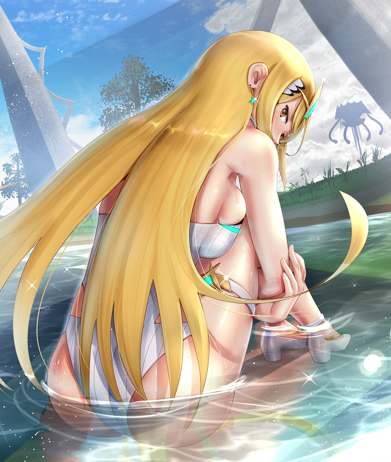 1girl ass bangs bare_shoulders blonde_hair breasts cleavage cleavage_cutout gonzarez highres mythra_(xenoblade) large_breasts looking_at_viewer nintendo one-piece_swimsuit solo swept_bangs swimsuit thigh_strap tiara water xenoblade_(series) xenoblade_2 yellow_eyes