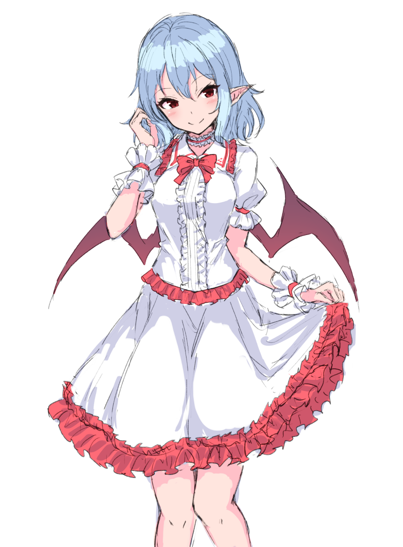 1girl bangs bat_wings blue_hair bow breasts center_frills choker commentary dress eyebrows_visible_through_hair feet_out_of_frame frilled_choker frilled_dress frilled_shirt_collar frills hair_between_eyes hand_up head_tilt junior27016 looking_at_viewer medium_breasts no_hat no_headwear pointy_ears puffy_short_sleeves puffy_sleeves red_bow red_choker red_eyes remilia_scarlet short_hair short_sleeves simple_background skirt_hold smile solo standing touhou white_background white_dress wings wrist_cuffs