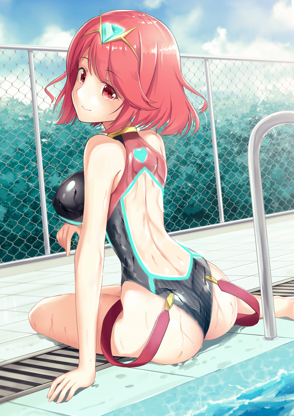 1girl commentary_request from_behind highres pyra_(xenoblade) joko_jmc looking_at_viewer nintendo red_eyes redhead short_hair solo swimsuit xenoblade xenoblade_(series) xenoblade_2