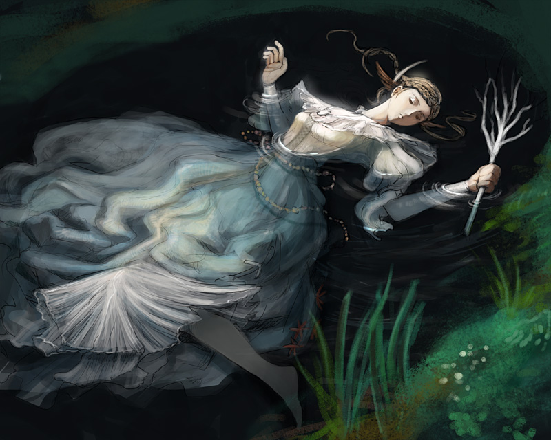 barefoot braid branch brown_hair closed_eyes dark_souls dress dusk_of_oolacille grass holding_branch long_hair nukotama ophelia_(painting) outdoors partially_submerged souls_(from_software) water white_dress