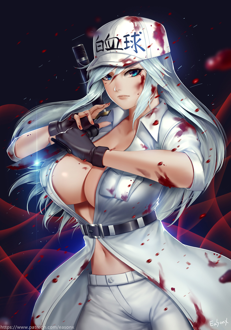 1girl baseball_cap belt black_gloves blood blood_on_face blood_splatter bloody_clothes blue_eyes breast_pocket breasts cabbie_hat center_opening cleavage closed_mouth combat_knife easonx fingerless_gloves gloves hat hataraku_saibou hataraku_saibou_black holding holding_knife jacket knife large_breasts long_hair looking_at_viewer nail_polish navel no_bra pants pink_nails pocket reverse_grip silver_hair solo u-0001 unbuttoned uniform weapon white_blood_cell_(hataraku_saibou) white_hair white_jacket white_pants