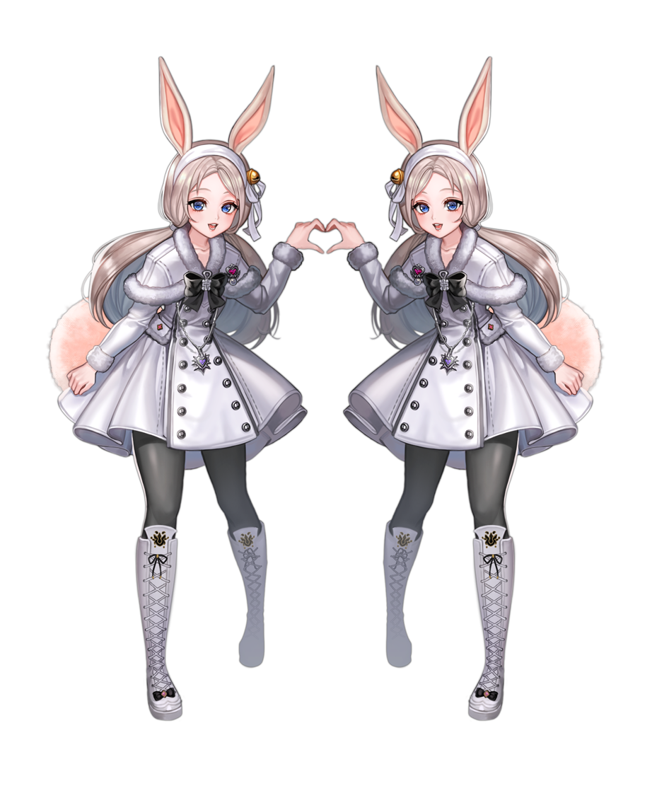2girls animal_ears arm_up bell black_legwear blade_&amp;_soul blue_eyes boots brown_hair bunny_tail capelet dress full_body grey_capelet grey_dress grey_footwear hair_ornament hairband heart heart_hands heart_hands_duo jewelry jingle_bell knee_boots long_hair lyn_(blade_&amp;_soul) mirrored multiple_girls open_mouth pantyhose pendant rabbit_ears rity simple_background smile solo tail white_background