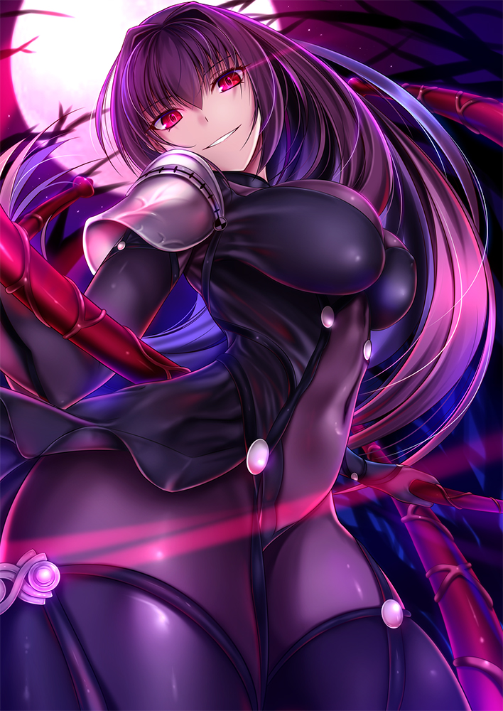 akeyama_kitsune bare_tree bodysuit breasts commentary_request covered_navel dual_wielding fate/grand_order fate_(series) from_below full_moon gae_bolg glowing glowing_eyes holding holding_weapon large_breasts long_hair looking_at_viewer moon motion_lines pauldrons polearm purple_bodysuit purple_hair red_eyes scathach_(fate)_(all) scathach_(fate/grand_order) shoulder_armor sky smile spear star_(sky) starry_sky thighs tree weapon