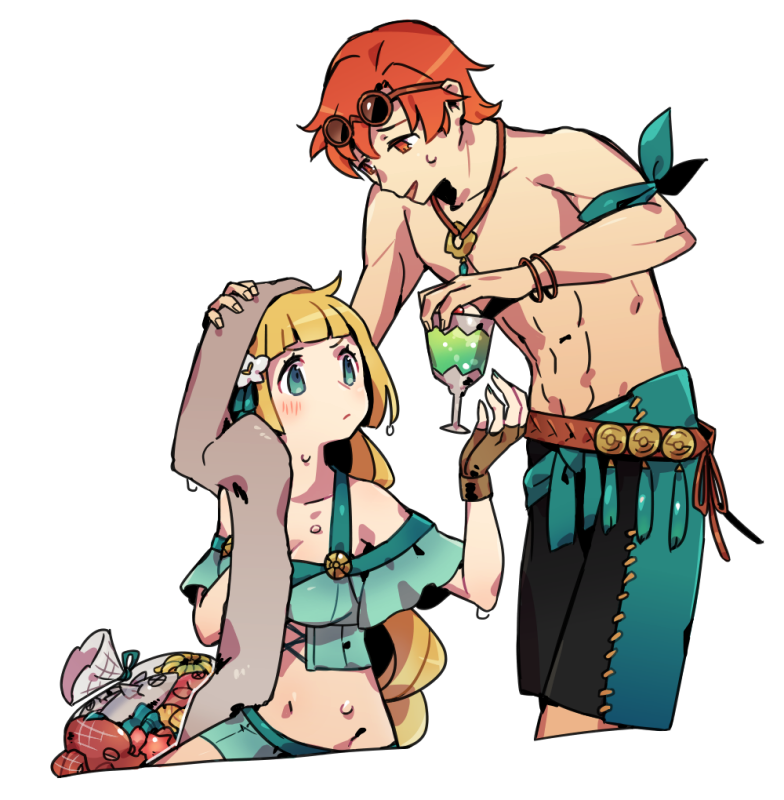 1boy 1girl blonde_hair bracelet brown_gloves closed_mouth couple cup eyewear_on_head fingerless_gloves fire_emblem fire_emblem:_three_houses fire_emblem:_three_houses fire_emblem_16 fire_emblem_heroes fish flower glass gloves green_eyes haconeri hair_flower hair_ornament holding holding_cup ingrid_brandl_galatea intelligent_systems jewelry long_hair love male_swimwear necklace nintendo open_mouth red_eyes redhead shirtless short_hair simple_background sunglasses super_smash_bros. swim_trunks swimsuit swimwear sylvain_jose_gautier white_background