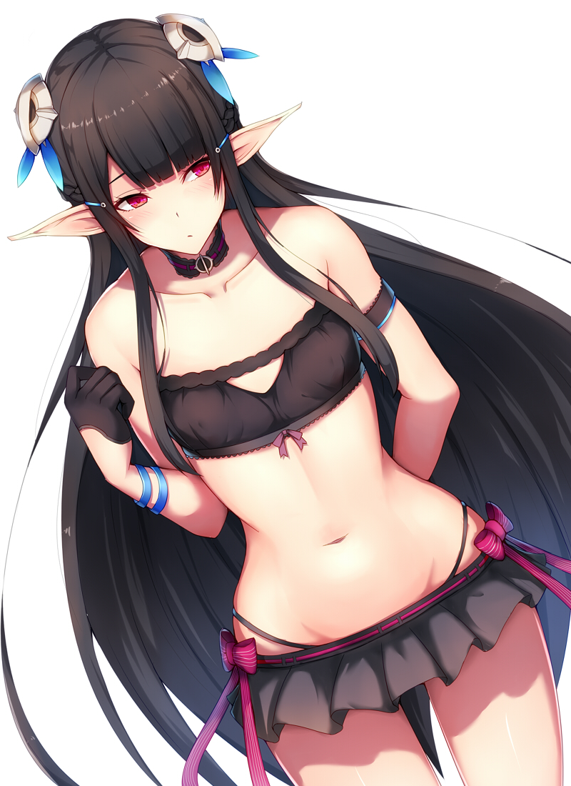 1girl :/ anette_(pso2) arm_behind_back arm_strap bikini black_bikini black_gloves black_hair blush choker closed_mouth collarbone flat_chest gloves groin hair_ornament kamokatatsumuri long_hair long_pointy_ears looking_away navel phantasy_star phantasy_star_online_2 pink_eyes pointy_ears simple_background solo standing swimsuit very_long_hair white_background