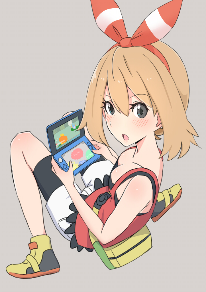 1girl :o bag bare_shoulders bike_shorts bike_shorts_under_shorts blush breasts cleavage creatures_(company) flipped_hair game_freak hairband handheld_game_console haruka_(pokemon) light_brown_hair medium_breasts nintendo nintendo_3ds open_mouth pokemon pokemon_(game) pokemon_oras short_hair shorts solo