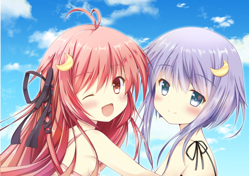 2girls ;d antenna_hair bangs bare_shoulders black_ribbon blue_eyes blue_sky blush clouds commentary_request crescent crescent_hair_ornament day eyebrows_visible_through_hair hair_ornament hair_ribbon honeycute kantai_collection lavender_hair long_hair looking_at_viewer looking_to_the_side multiple_girls one_eye_closed open_mouth outdoors pink_hair red_eyes ribbon short_hair_with_long_locks sky smile tress_ribbon upper_body uzuki_(kantai_collection) yayoi_(kantai_collection)