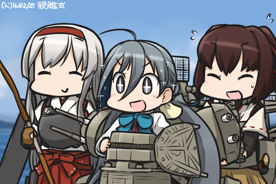 +_+ 3girls :d ahoge blue_sky blush bow bow_(weapon) bowtie closed_eyes commentary_request dated day flying_sweatdrops grey_hair hair_between_eyes hairband hamu_koutarou ise_(kantai_collection) japanese_clothes kantai_collection kiyoshimo_(kantai_collection) long_hair low_twintails multiple_girls muneate ocean open_mouth ribbon-trimmed_sleeves ribbon_trim shoukaku_(kantai_collection) sky smile sparkling_eyes sweat sword twintails undershirt weapon white_hair
