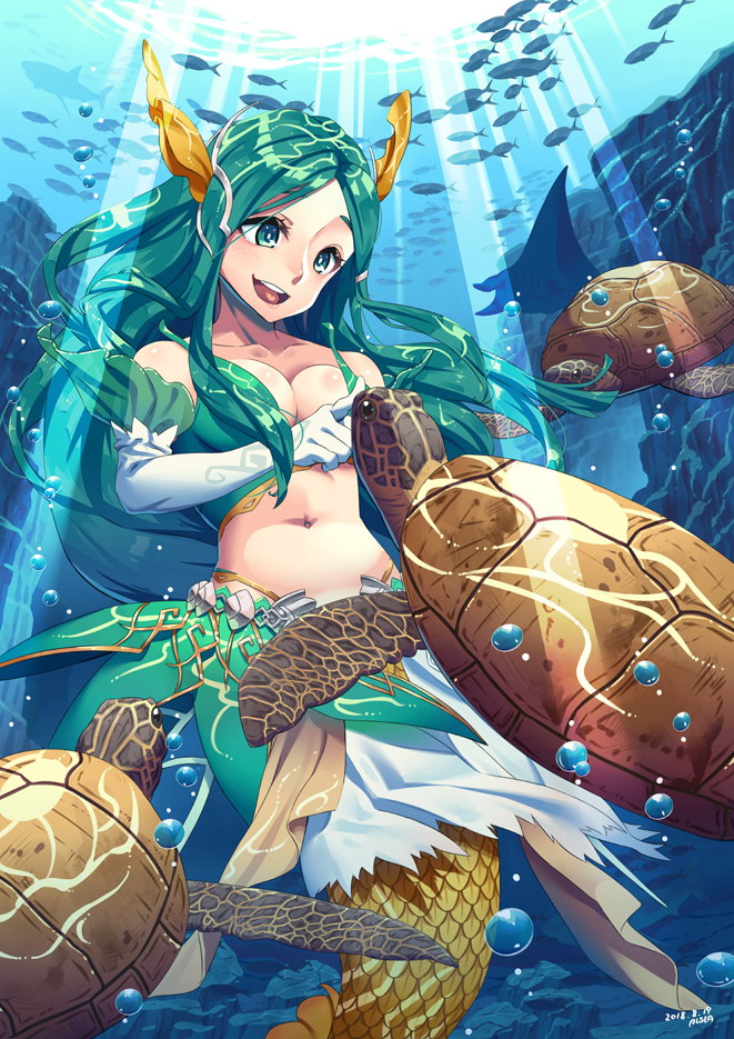 1girl :d air_bubble alsea aqua_eyes aqua_hair bare_shoulders breasts bubble commentary_request fantasy gloves hestia_(sdorica_-sunset-) horns long_hair medium_breasts mermaid monster_girl navel open_mouth revision school_of_fish sdorica_-sunset- smile sunlight turtle underwater very_long_hair white_gloves