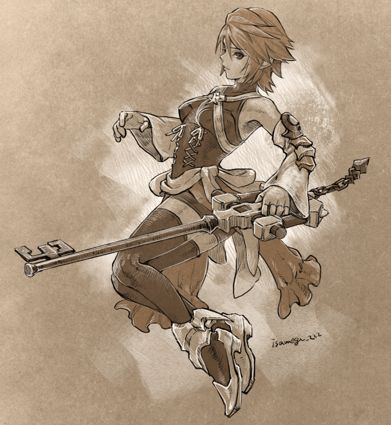 1girl aqua_(kingdom_hearts) bare_shoulders breasts closed_mouth covered_collarbone detached_sleeves eyebrows_visible_through_hair fingerless_gloves full_body gloves holding holding_weapon isakawa_megumi keyblade kingdom_hearts kingdom_hearts_birth_by_sleep left-handed long_sleeves sepia short_hair small_breasts solo thigh-highs turtleneck twitter_username weapon wide_sleeves zettai_ryouiki