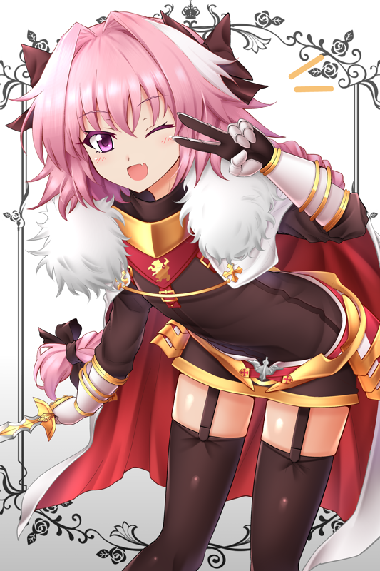 1boy ;d astolfo_(fate) bangs black_bow black_legwear black_ribbon black_shirt blush bow braid buckle cape commentary_request cross eyebrows_visible_through_hair fang fate/apocrypha fate_(series) faulds frame fur-trimmed_cape fur_collar fur_trim garter_straps gauntlets gradient gradient_background grey_background hair_between_eyes hair_bow hair_intakes hair_ribbon hand_up holding holding_sword holding_weapon isa leaning_forward long_hair long_sleeves looking_at_viewer male_focus multicolored_hair one_eye_closed open_mouth otoko_no_ko pink_hair red_cape ribbon shiny shiny_hair shirt single_braid smile solo standing streaked_hair sword thigh-highs v very_long_hair violet_eyes weapon white_background white_cape