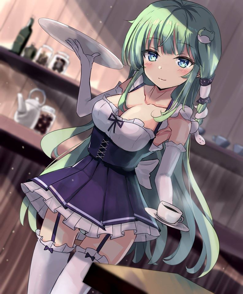 1girl alternate_costume alternate_outfit apron blue_eyes blush bow breasts coffee condiments cork dish frills frog garter glass gloves green_hair hair_accessories hair_tube kaeru_kaeru kochiya_sanae long_hair maid miniskirt mug oil_bottle opera_gloves plate porcelaein_kettle ribbon skirt snake table thigh-highs touhou waiter_dish white_legwear wine_bottle