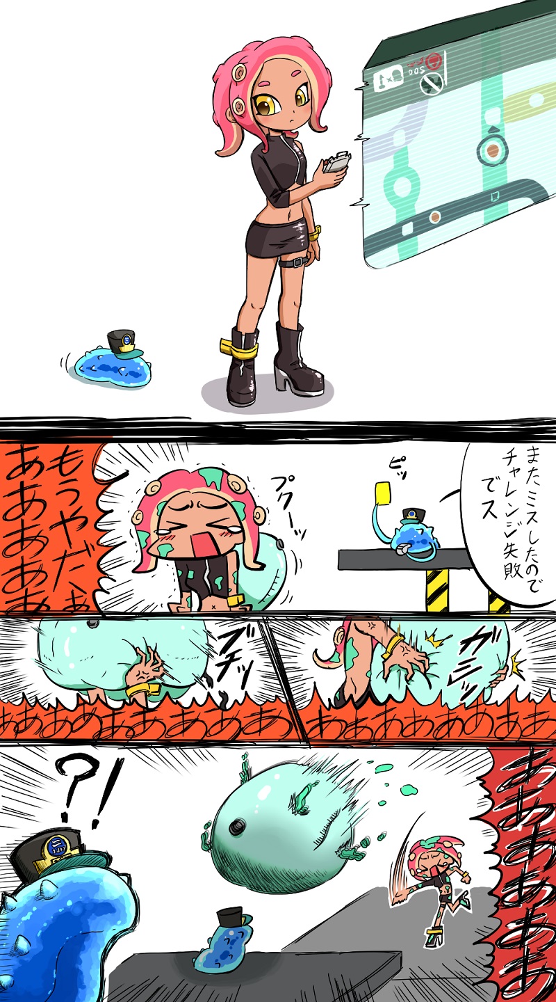 !? &gt;_&lt; 1girl agent_8 anger_vein asymmetrical_clothes black_hat blush comic commentary_request conductor_namako dark_skin enutsuu gameplay_mechanics hat highres holding holding_whistle ink midriff nintendo octarian octoling open_mouth sea_cucumber splatoon splatoon_2 splatoon_2:_octo_expansion squidbeak_splatoon tearing_up tentacle_hair throwing translation_request trembling whistle yellow_eyes