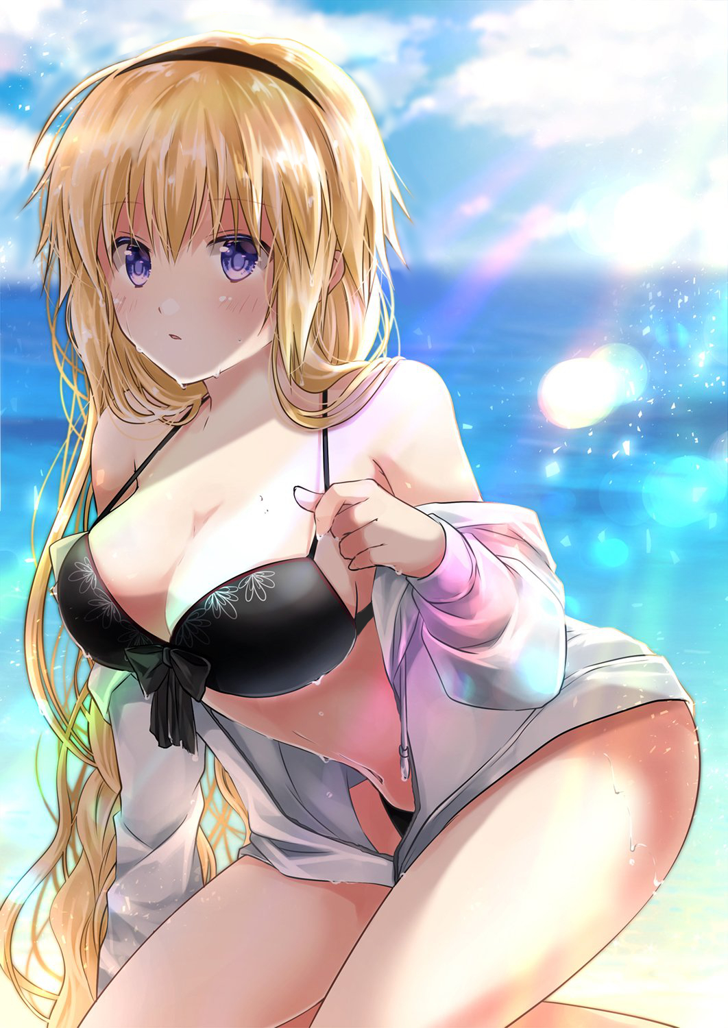 1girl bangs bikini black_bikini black_bow blonde_hair blue_sky blurry blurry_background bow bow_bikini braid breasts cleavage clouds commentary_request day depth_of_field eyebrows_visible_through_hair fate/grand_order fate_(series) hair_between_eyes hand_up highres hood hood_down hooded_jacket horizon iroha_(shiki) jacket jeanne_d'arc_(fate)_(all) jeanne_d'arc_(swimsuit_archer) large_breasts long_hair long_sleeves navel ocean off_shoulder outdoors revision sky solo swimsuit very_long_hair violet_eyes water wet white_jacket