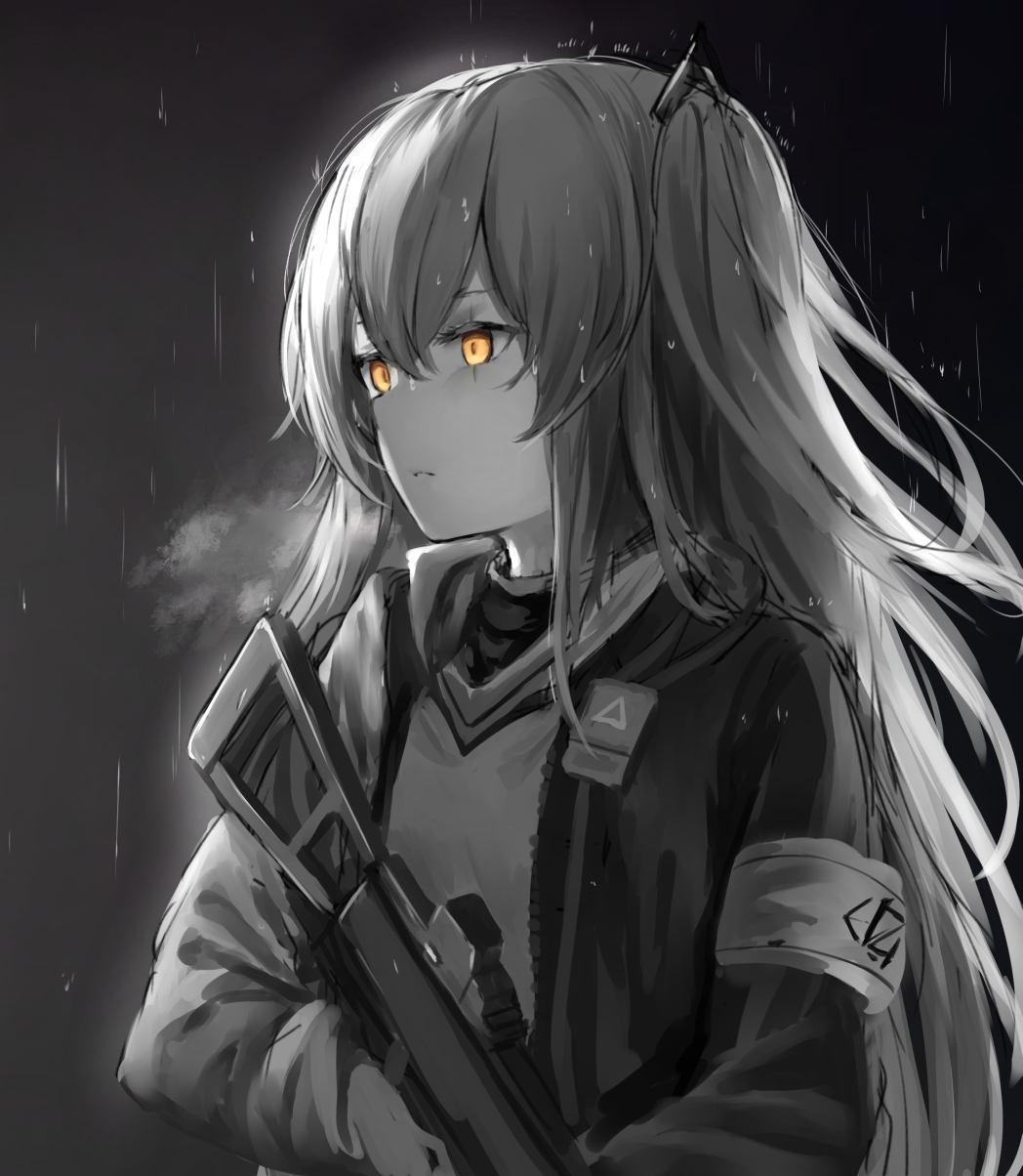 1girl armband bangs closed_mouth expressionless girls_frontline gloves gun h&amp;k_ump h&amp;k_ump45 hair_between_eyes hair_ornament heckler_&amp;_koch highres holding holding_gun holding_weapon hood hood_down hooded_jacket jacket limited_palette long_hair looking_afar one_side_up outdoors rain scar scar_across_eye shirt spot_color submachine_gun tama_satou ump45_(girls_frontline) upper_body weapon yellow_eyes