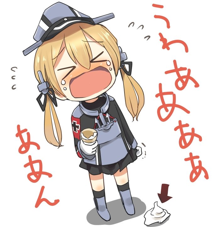 1girl ahenn anchor anchor_hair_ornament black_ribbon black_skirt blonde_hair commentary_request crying food gloves hair_ornament hat holding ice_cream ice_cream_cone iron_cross kantai_collection long_hair low_twintails military military_hat military_uniform open_mouth peaked_cap prinz_eugen_(kantai_collection) ribbon skirt solo twintails uniform white_gloves