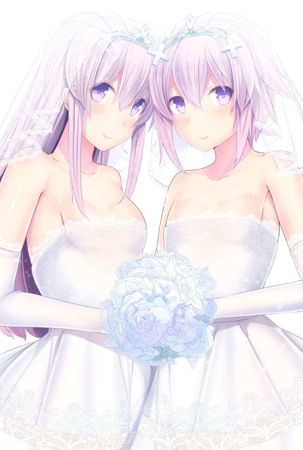 2girls bare_shoulders bouquet breasts bridal_veil cleavage collarbone commentary_request d-pad d-pad_hair_ornament daiaru dress elbow_gloves flower gloves hair_between_eyes hair_ornament highres holding holding_bouquet long_hair multiple_girls nepgear neptune_(choujigen_game_neptune) neptune_(series) purple_hair short_hair siblings simple_background sisters small_breasts smile strapless strapless_dress veil violet_eyes wedding_dress white_background