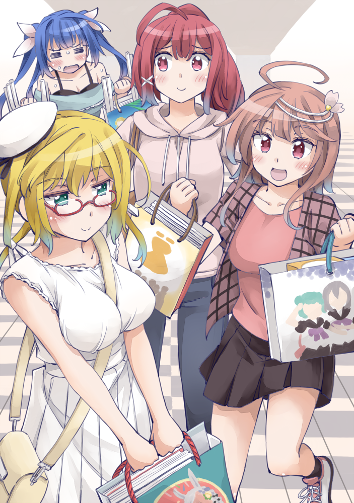 4girls :d =_= ahoge alternate_costume bag bare_shoulders between_breasts black_legwear blonde_hair blue_eyes blue_hair breasts brown_skirt checkered collarbone dress eyebrows_visible_through_hair glasses hair_ornament hair_ribbon hat holding holding_bag hood hoodie i-168_(kantai_collection) i-19_(kantai_collection) i-58_(kantai_collection) i-8_(kantai_collection) kantai_collection large_breasts long_hair low_twintails multiple_girls off-shoulder_shirt open_mouth peaked_cap pink_footwear pink_hair pink_shirt pleated_skirt ponytail red-framed_eyewear red_eyes redhead ribbon shirt shoes shopping_bag short_hair skirt sleeveless sleeveless_dress smile sneakers socks strap_cleavage sweat tri_tails twintails white_dress yukiharu