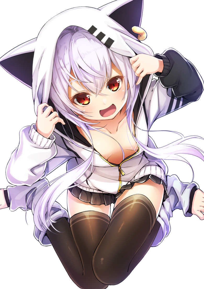 1girl :d arms_up azuma_lim azuma_lim_channel bangs black_skirt blush breasts brown_legwear collarbone commentary downblouse ear_piercing hair_between_eyes hood hood_up hoodie long_hair long_sleeves matokechi open_mouth partially_unzipped piercing pleated_skirt puffy_long_sleeves puffy_sleeves purple_hair red_eyes simple_background sitting skirt sleeves_past_wrists small_breasts smile solo thigh-highs toeless_legwear very_long_hair virtual_youtuber wariza white_background white_hoodie