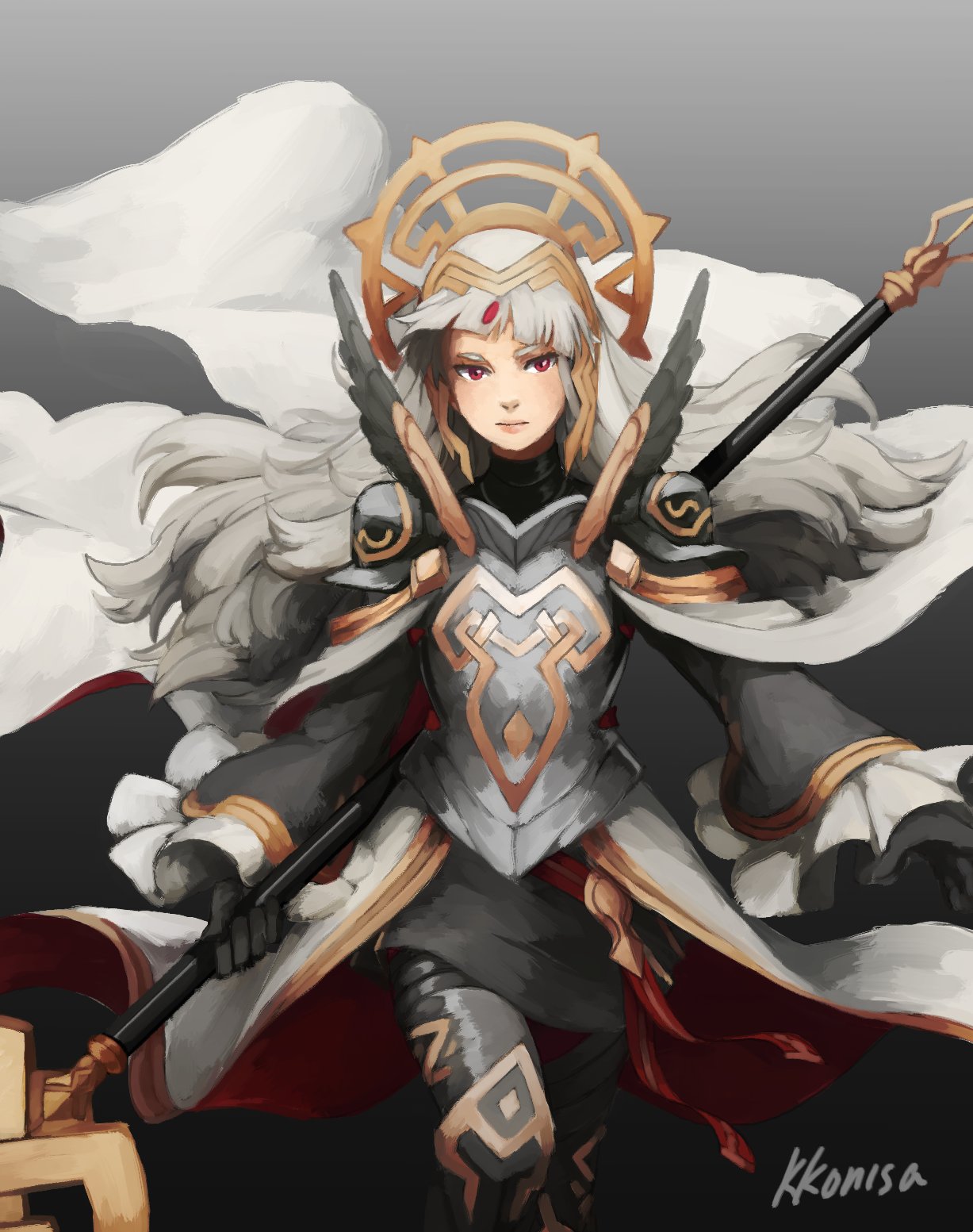 1girl armor artist_name black_armor black_gloves cape closed_mouth crown fire_emblem fire_emblem_heroes gloves grey_background grey_hair hair_ornament highres holding holding_staff kkonisa long_hair long_sleeves nintendo red_eyes shoulder_armor simple_background solo staff veronica_(fire_emblem)