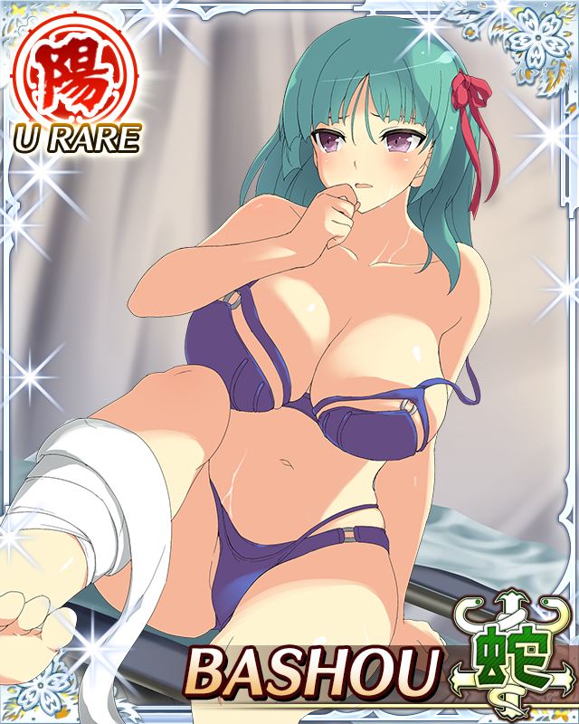 1girl bandage bandaged_leg bandages bangs barefoot bashou_(senran_kagura) bikini blue_bikini blush breasts card_(medium) green_hair hair_ornament hand_on_own_face large_breasts looking_away open_mouth senran_kagura senran_kagura_new_wave sitting solo sweat swimsuit violet_eyes yaegashi_nan