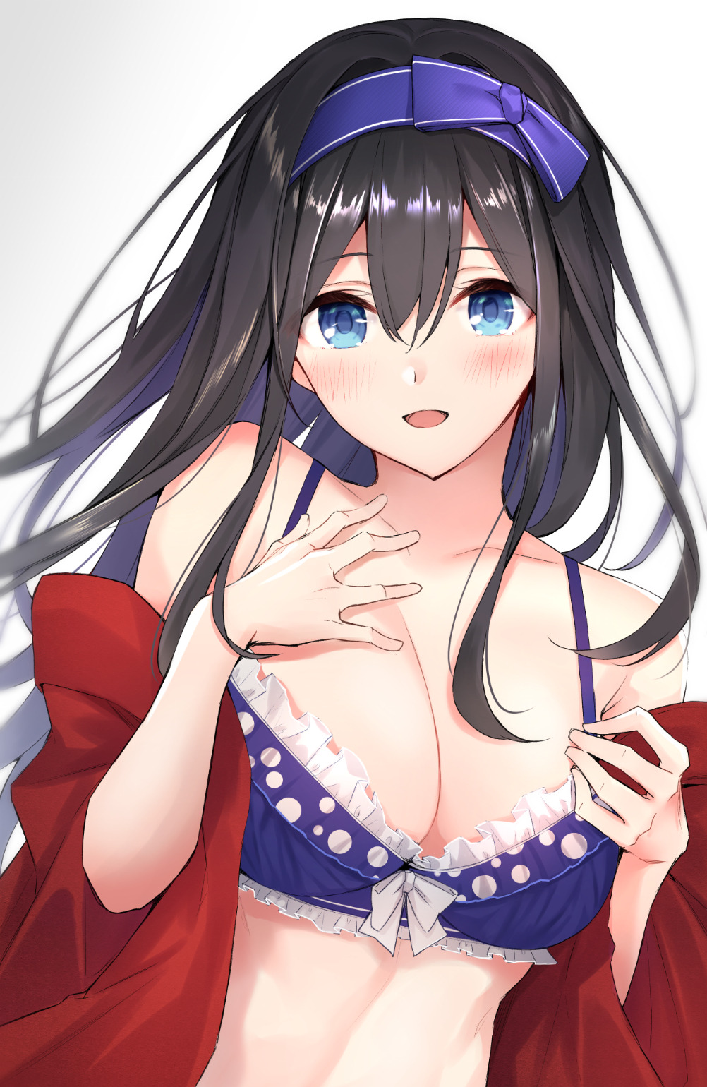 1girl anza_tomo bikini black_hair blue_bikini blue_eyes blush breasts cape cleavage collarbone eyebrows_visible_through_hair hair_between_eyes hairband hands_on_own_chest highres idolmaster idolmaster_cinderella_girls jewelry large_breasts long_hair looking_at_viewer necklace red_cape sagisawa_fumika simple_background smile solo swimsuit upper_body