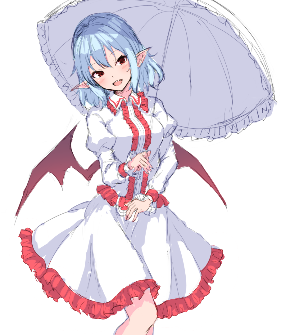 1girl :d bat_wings blue_hair blush breasts center_frills commentary dress feet_out_of_frame frilled_dress frilled_shirt_collar frills head_tilt holding holding_umbrella juliet_sleeves junior27016 long_sleeves looking_at_viewer medium_breasts no_hat no_headwear open_mouth pointy_ears puffy_sleeves red_eyes remilia_scarlet short_hair simple_background smile solo standing touhou umbrella white_background white_dress white_umbrella wings