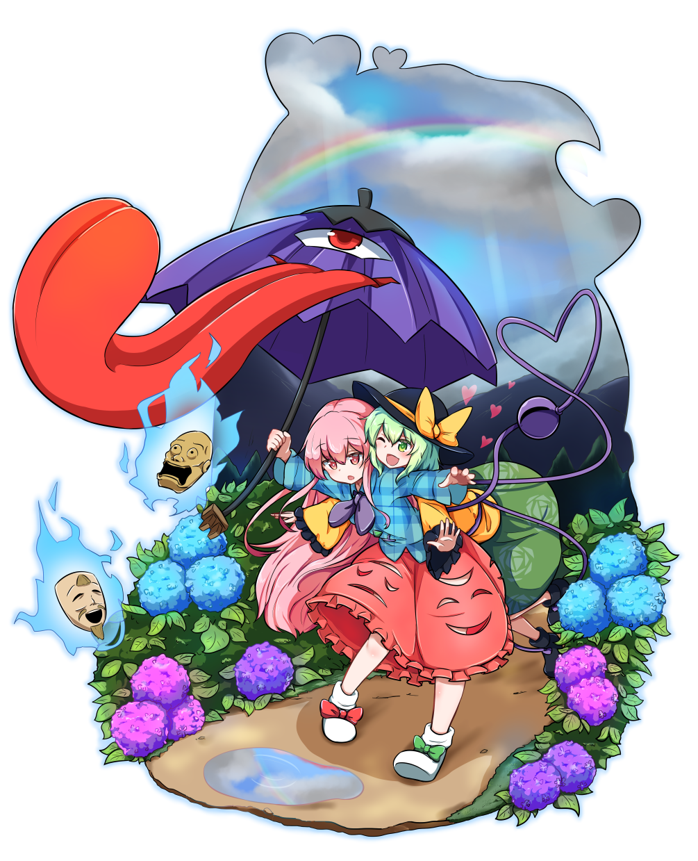 2girls ajia_(otya3039) black_hat blue_flower blue_shirt bow bubble_skirt clouds commentary_request eyeball floating flower glomp green_eyes green_hair green_skirt hat hat_bow hat_ribbon hata_no_kokoro heart heart_of_string highres holding holding_umbrella hug hug_from_behind hydrangea komeiji_koishi leaf long_hair long_sleeves looking_at_another mask multiple_girls one_eye_closed pink_eyes pink_flower pink_hair pink_skirt plant puddle purple_flower rainbow ribbon shirt skirt tatara_kogasa_(umbrella) third_eye touhou umbrella very_long_hair wide_sleeves yellow_bow yellow_ribbon yellow_shirt