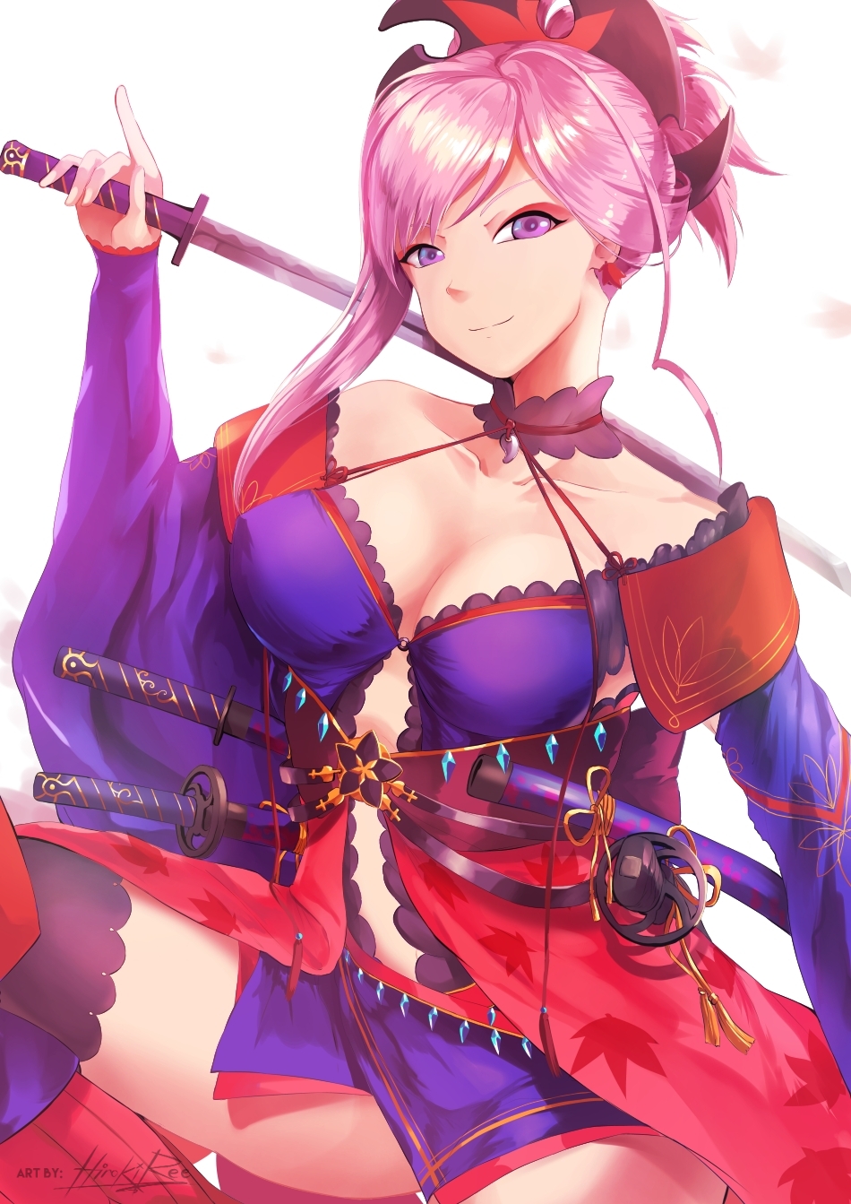 1girl asymmetrical_hair bangs black_legwear breasts cleavage collarbone covered_nipples detached_sleeves earrings fate/grand_order fate_(series) hair_ornament high_ponytail highres hiroki_ree holding holding_sword holding_weapon jewelry katana long_hair looking_at_viewer magatama_necklace medium_breasts miyamoto_musashi_(fate/grand_order) parted_bangs pink_hair short_ponytail simple_background smile solo sword thigh-highs violet_eyes weapon white_background